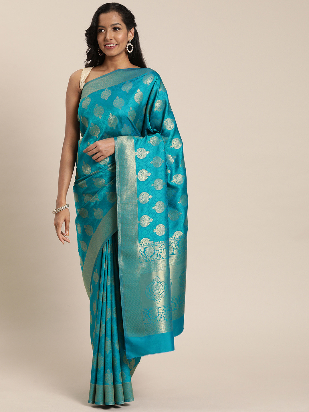 

Mitera Turquoise Blue & Gold-Toned Silk Blend Woven Design Kanjeevaram Saree