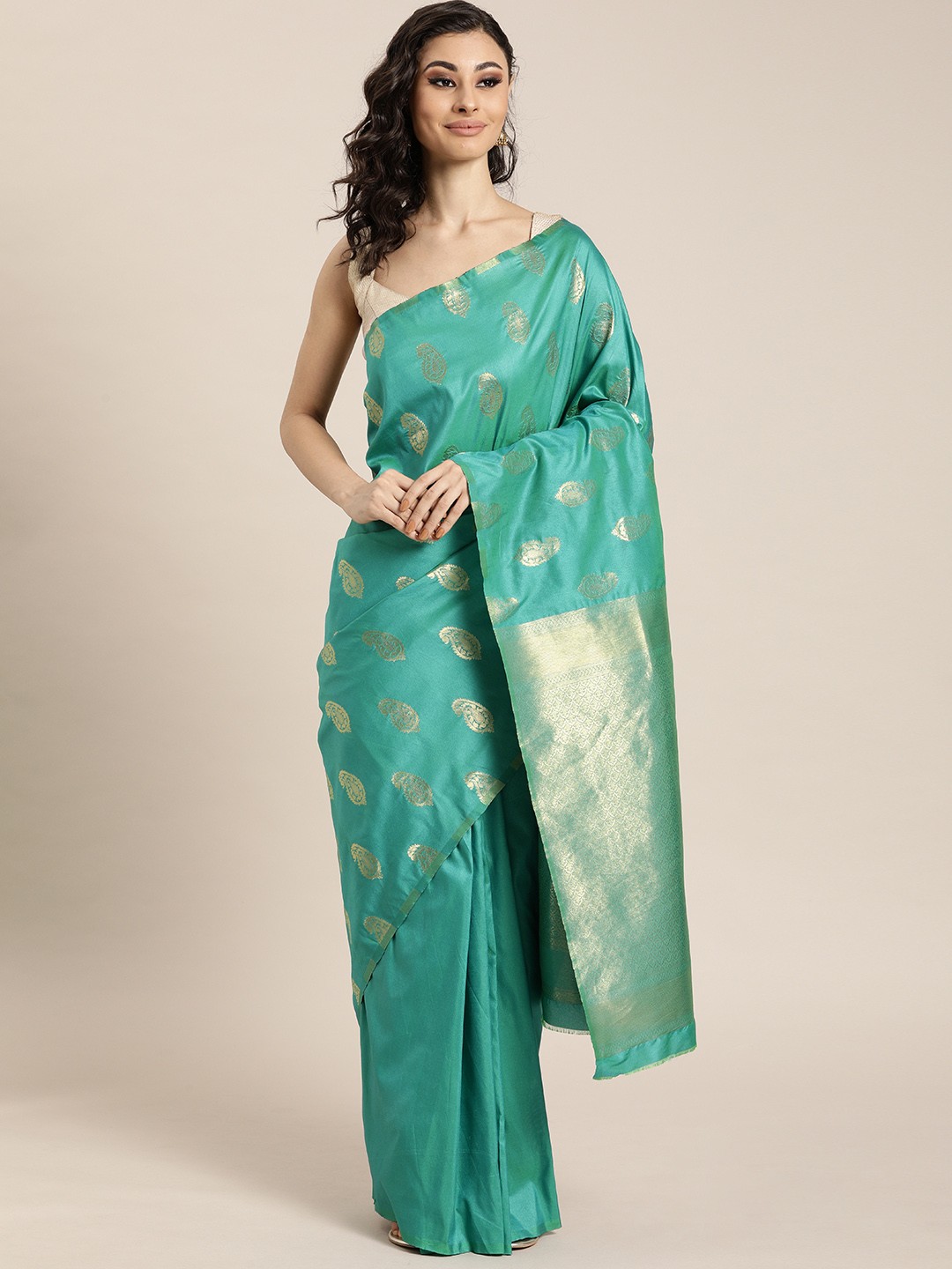 

Mitera Turquoise Blue & Gold-Toned Woven Design Kanjeevaram Saree