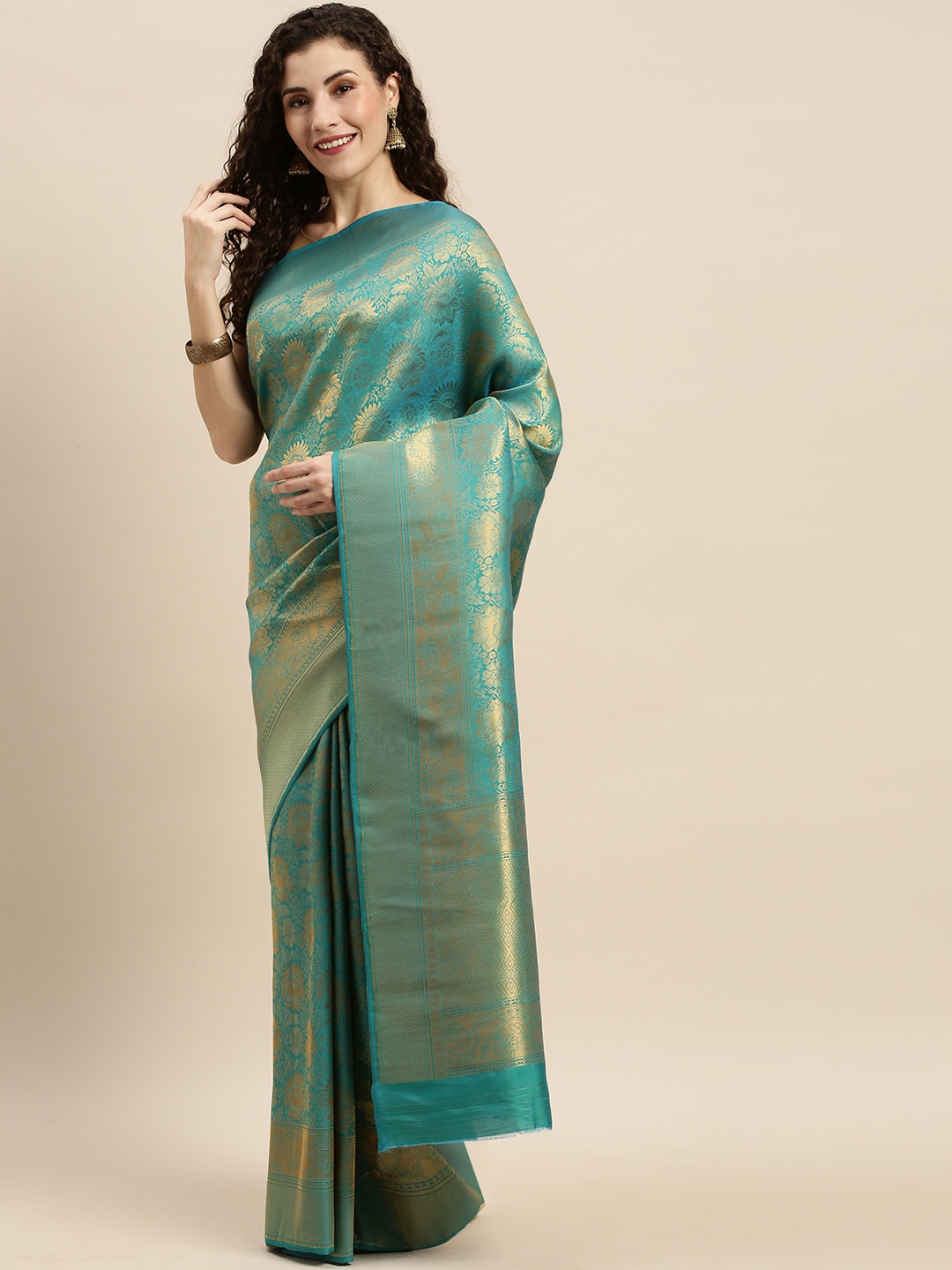 

Mitera Turquoise Blue & Gold-Toned Silk Blend Woven Design Kanjeevaram Saree
