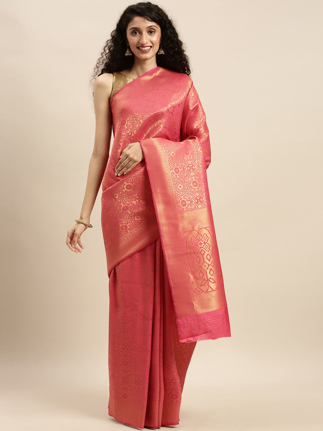 

Mitera Pink & Gold-Toned Silk Blend Woven Design Kanjeevaram Saree