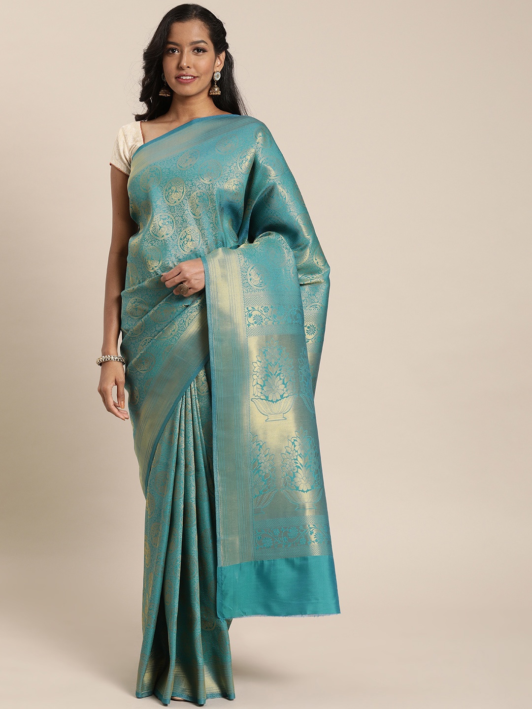 

Mitera Turquoise Blue & Gold-Toned Silk Blend Woven Design Kanjeevaram Saree