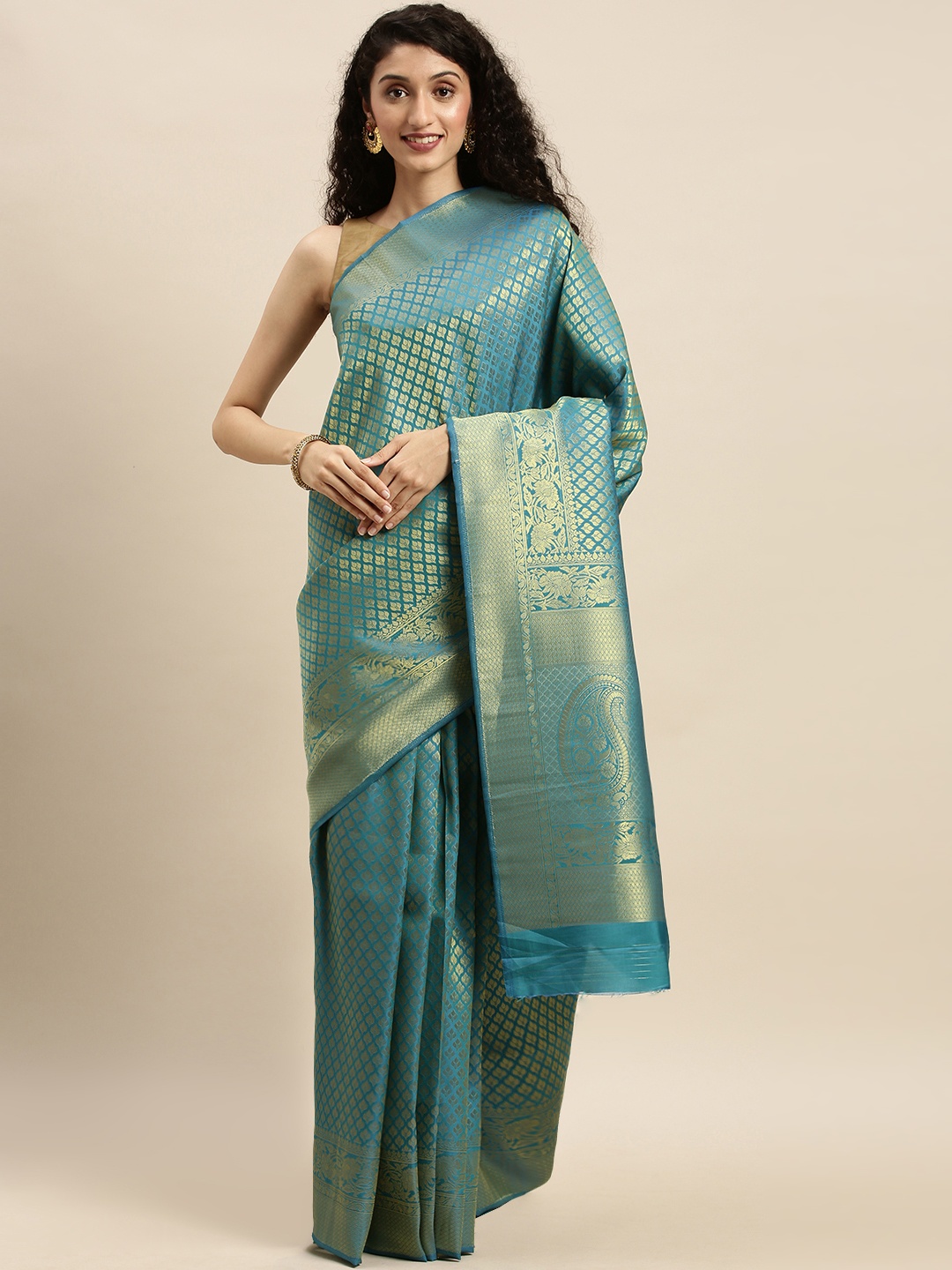 

Mitera Turquoise Blue & Gold-Toned Silk Blend Woven Design Kanjeevaram Saree