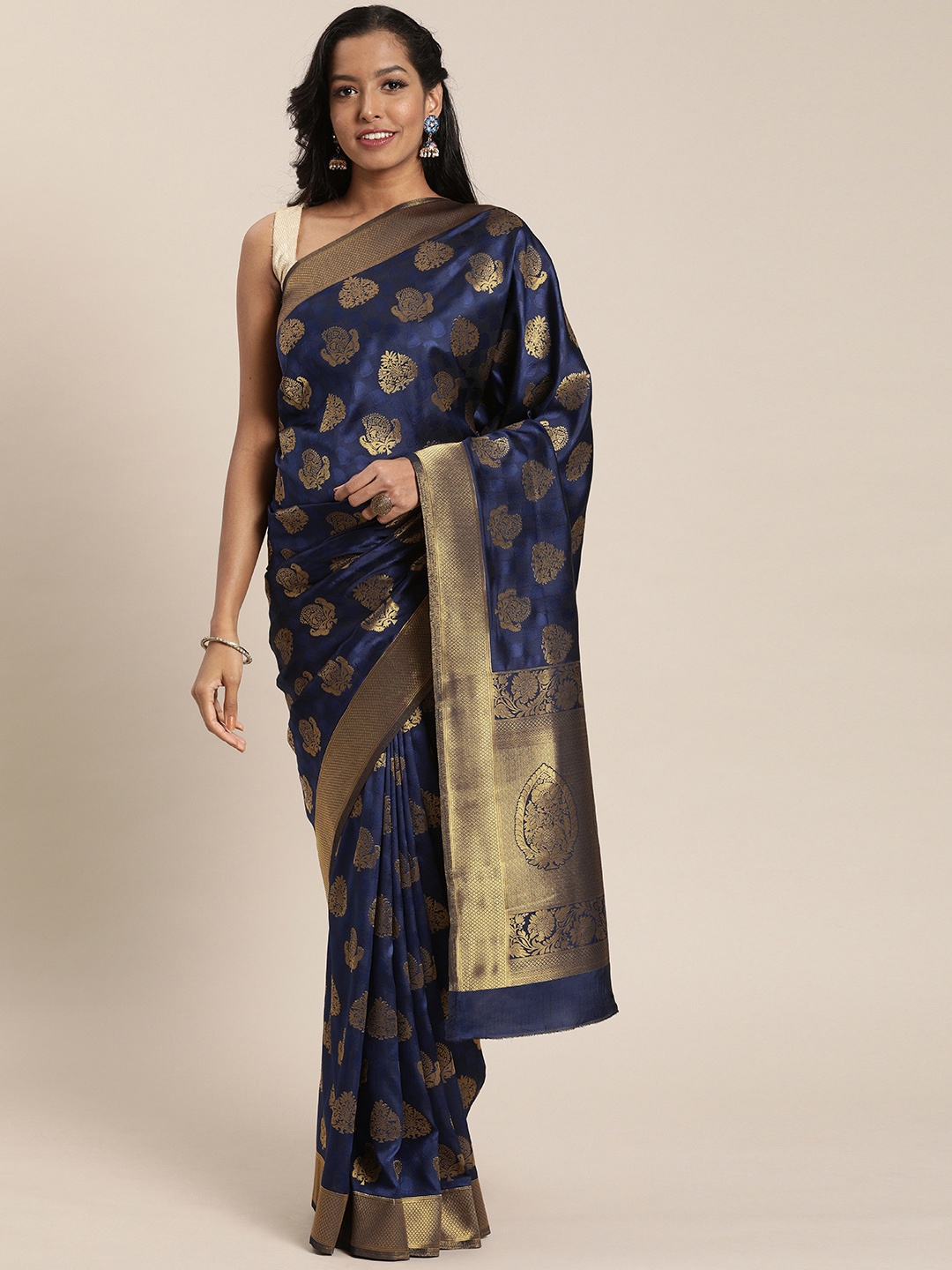 

Mitera Navy Blue & Gold-Toned Silk Blend Woven Design Kanjeevaram Saree