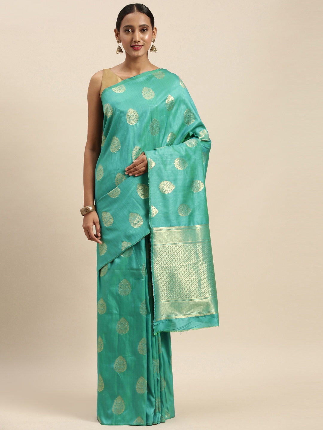 

Mitera Turquoise Blue & Gold-Toned Silk Blend Woven Design Kanjeevaram Saree