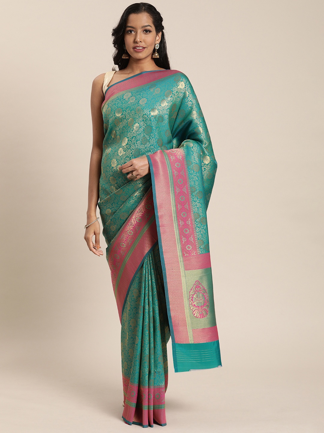 

Mitera Turquoise Blue & Gold-Toned Silk Blend Woven Design Kanjeevaram Saree
