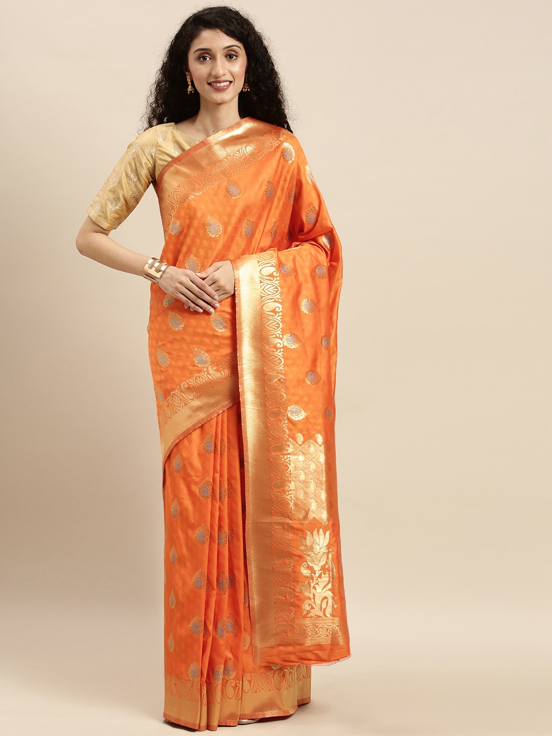 

Mitera Orange & Gold-Toned Silk Blend Woven Design Kanjeevaram Saree