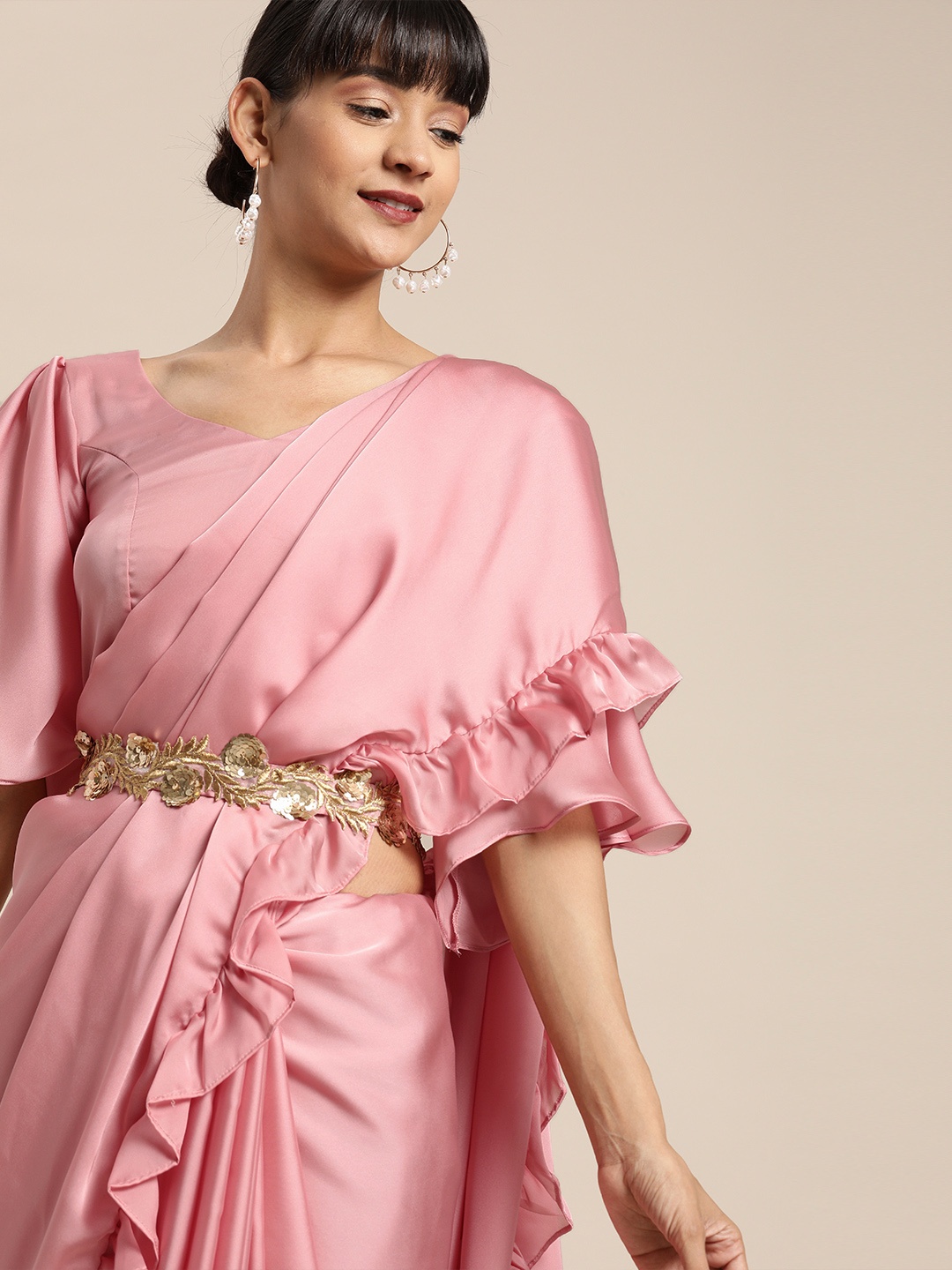 

Inddus Pink Solid Satin Ruffled Belted Saree
