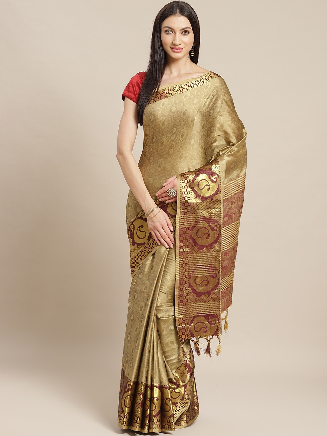 

Mitera Golden & Burgundy Paisley Woven Design Banarasi Saree, Gold