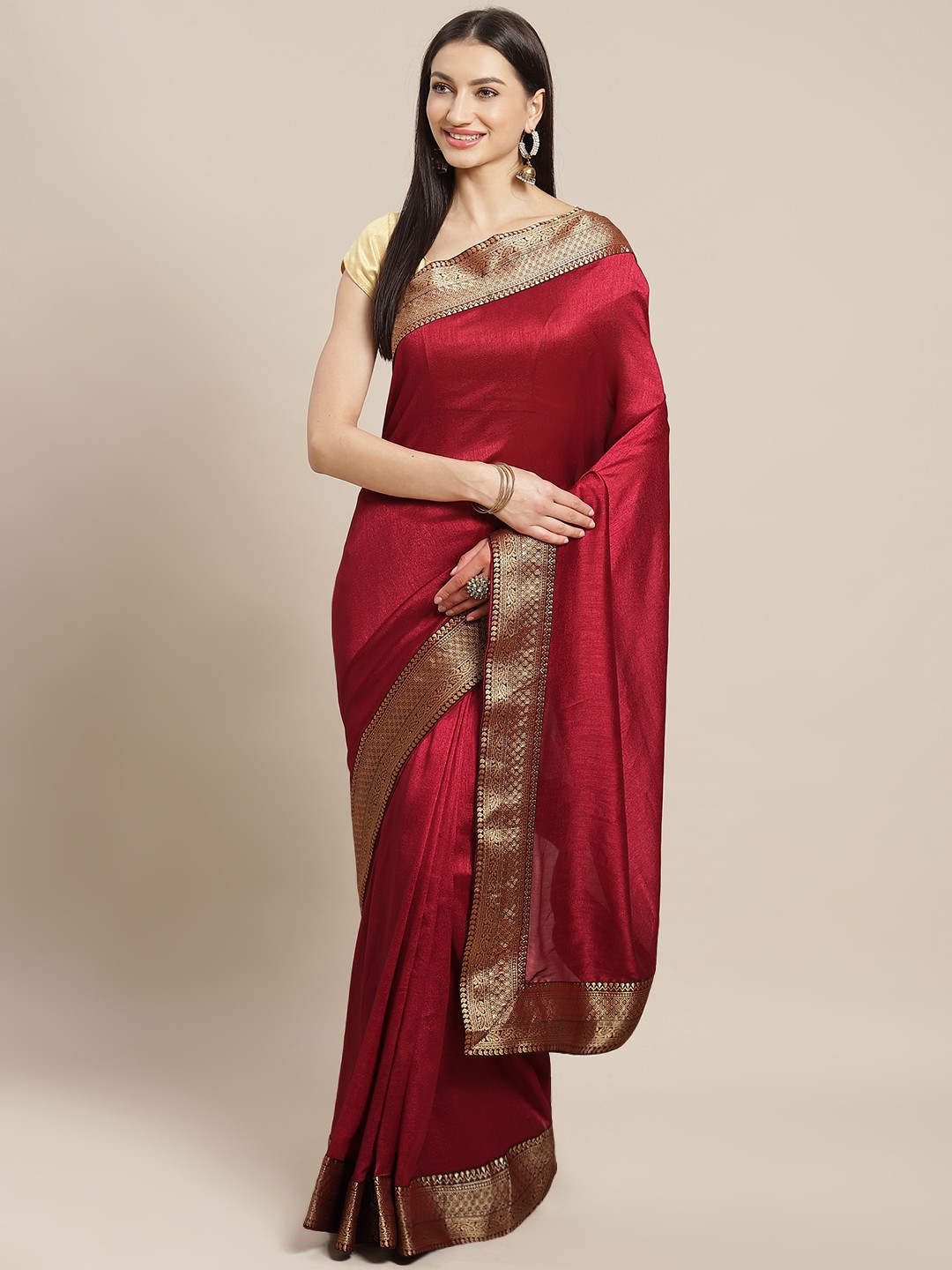 

Mitera Maroon Zari Detail Solid Banarasi Saree