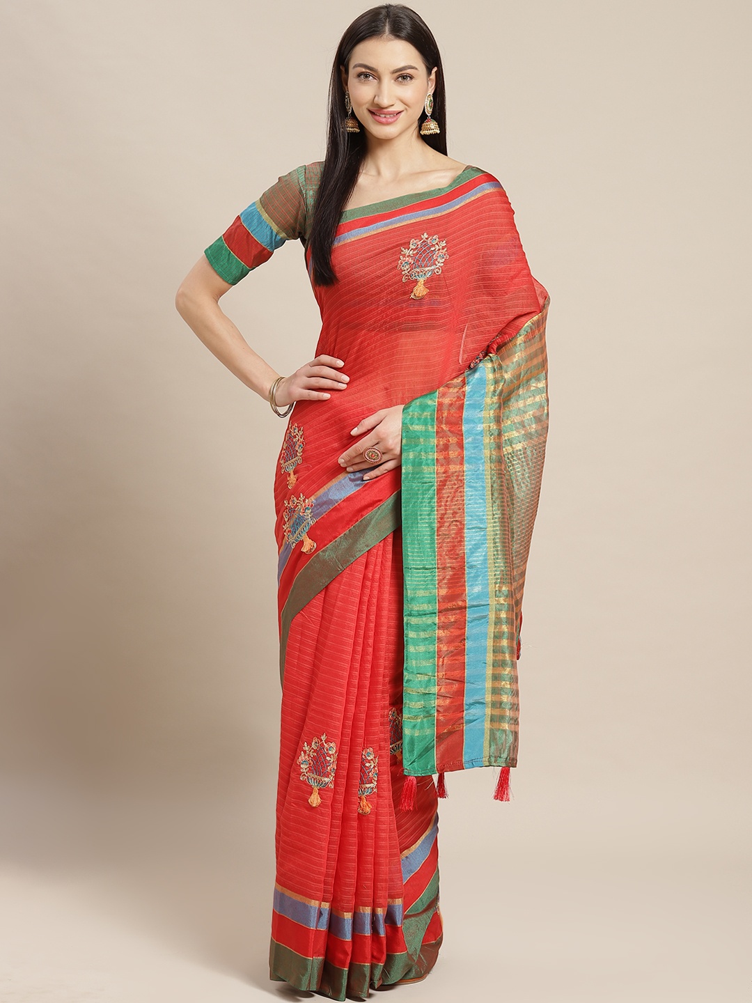 

Mitera Red & Golden Striped Banarasi Saree