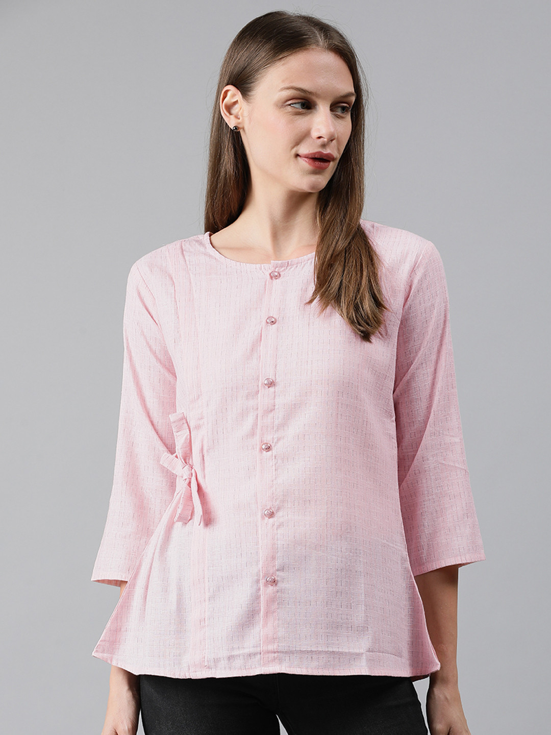 

MIMOSA Women Pink & Black Striped Top with Pleats & Tie-Ups