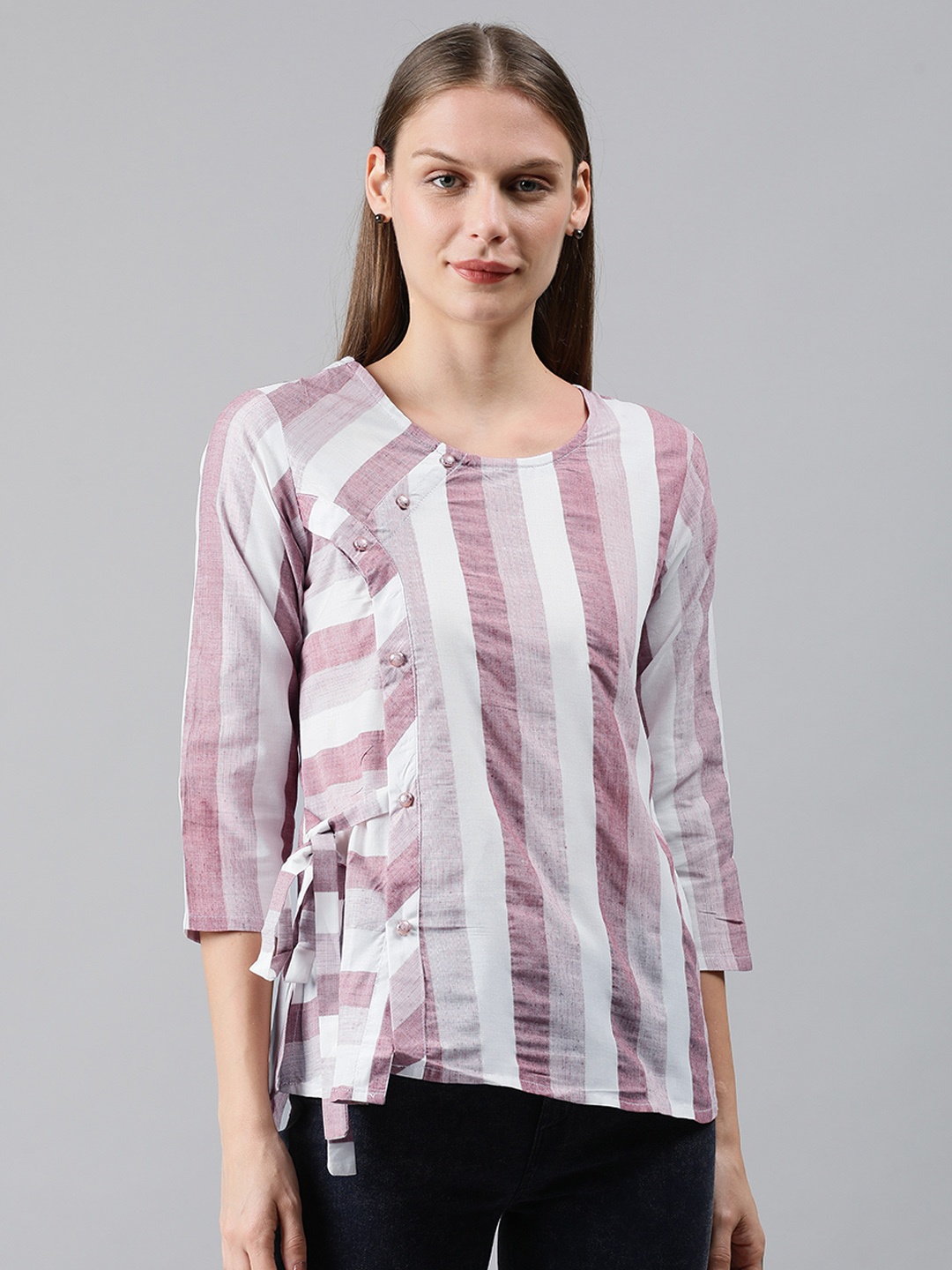 

MIMOSA Women Mauve & White Striped Linen Top with Waist Tie-Ups