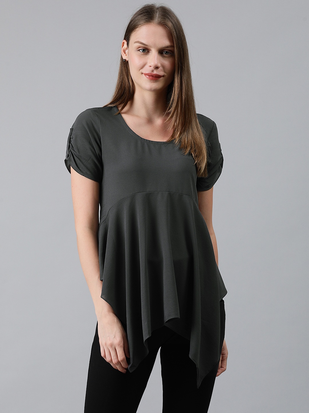 

MIMOSA Women Grey Solid A-Line Gathered Top