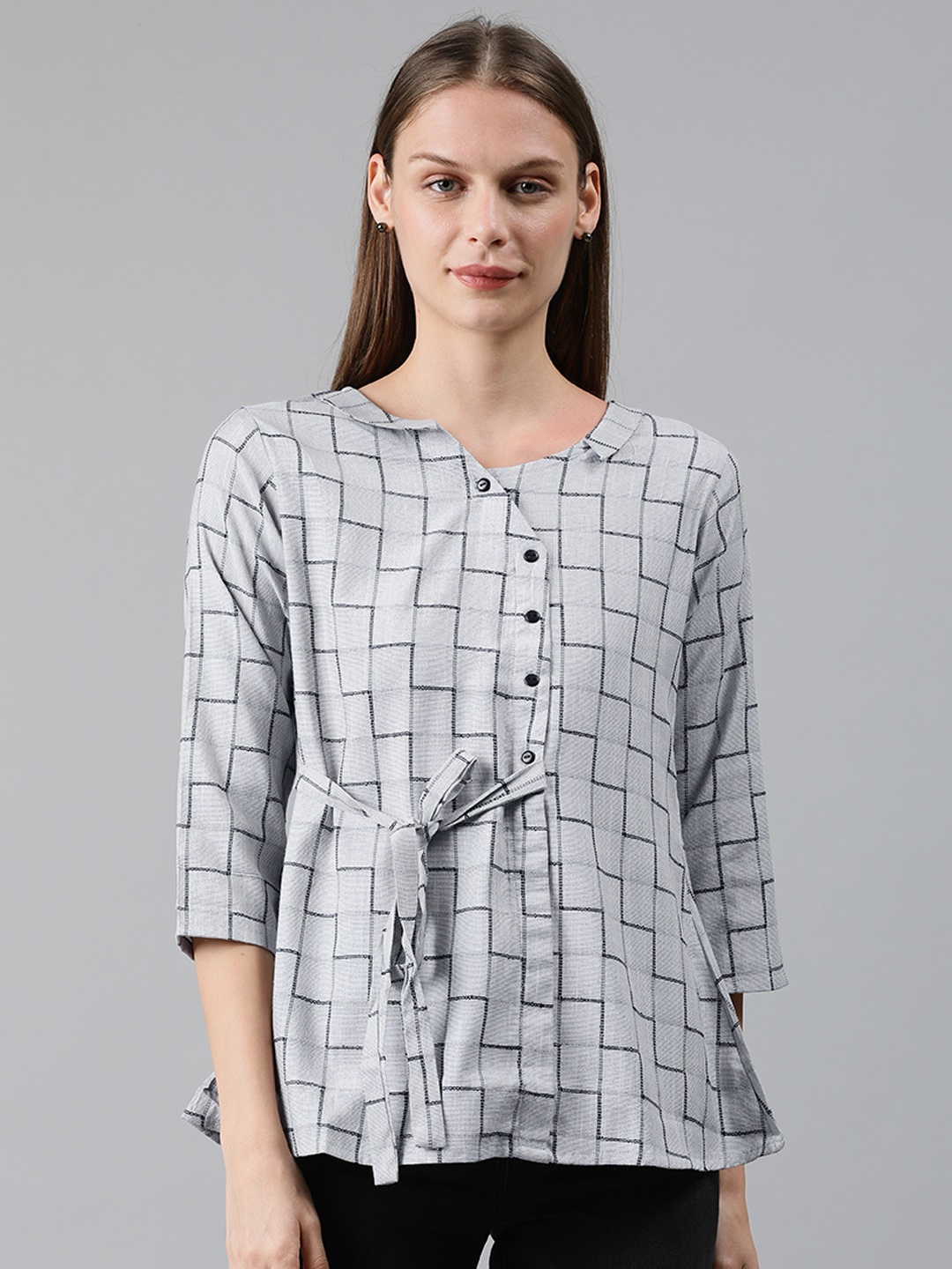 MIMOSA Women Grey Checked Regular Top with Tie-Ups