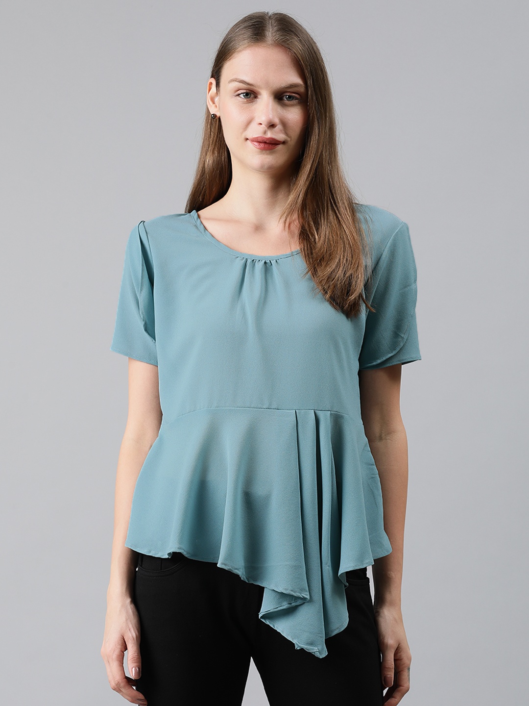 

MIMOSA Women Teal Blue Solid Ruffled A-Line Top