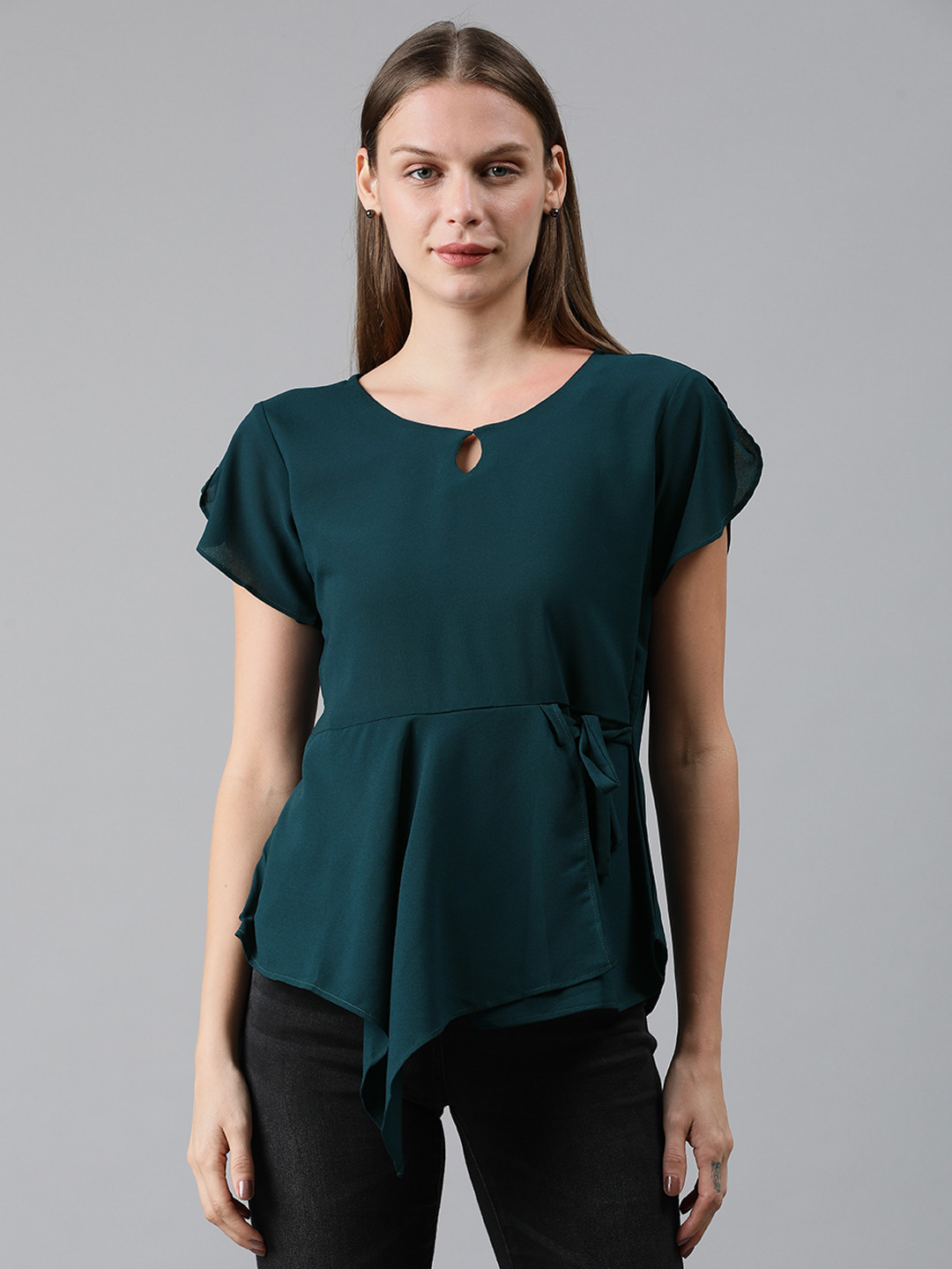 

MIMOSA Women Green Solid A-Line Layered Top with Tie-Ups