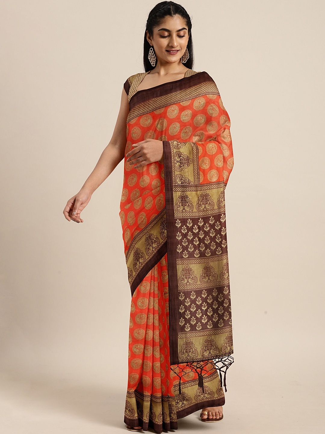 

KALINI Orange & Golden Art Silk Printed Mysore Silk Saree