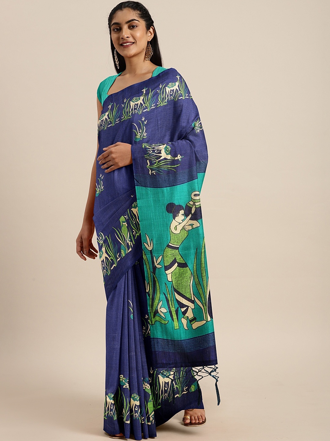 

KALINI Navy Blue & Sea Green Art Silk Printed Khadi Saree