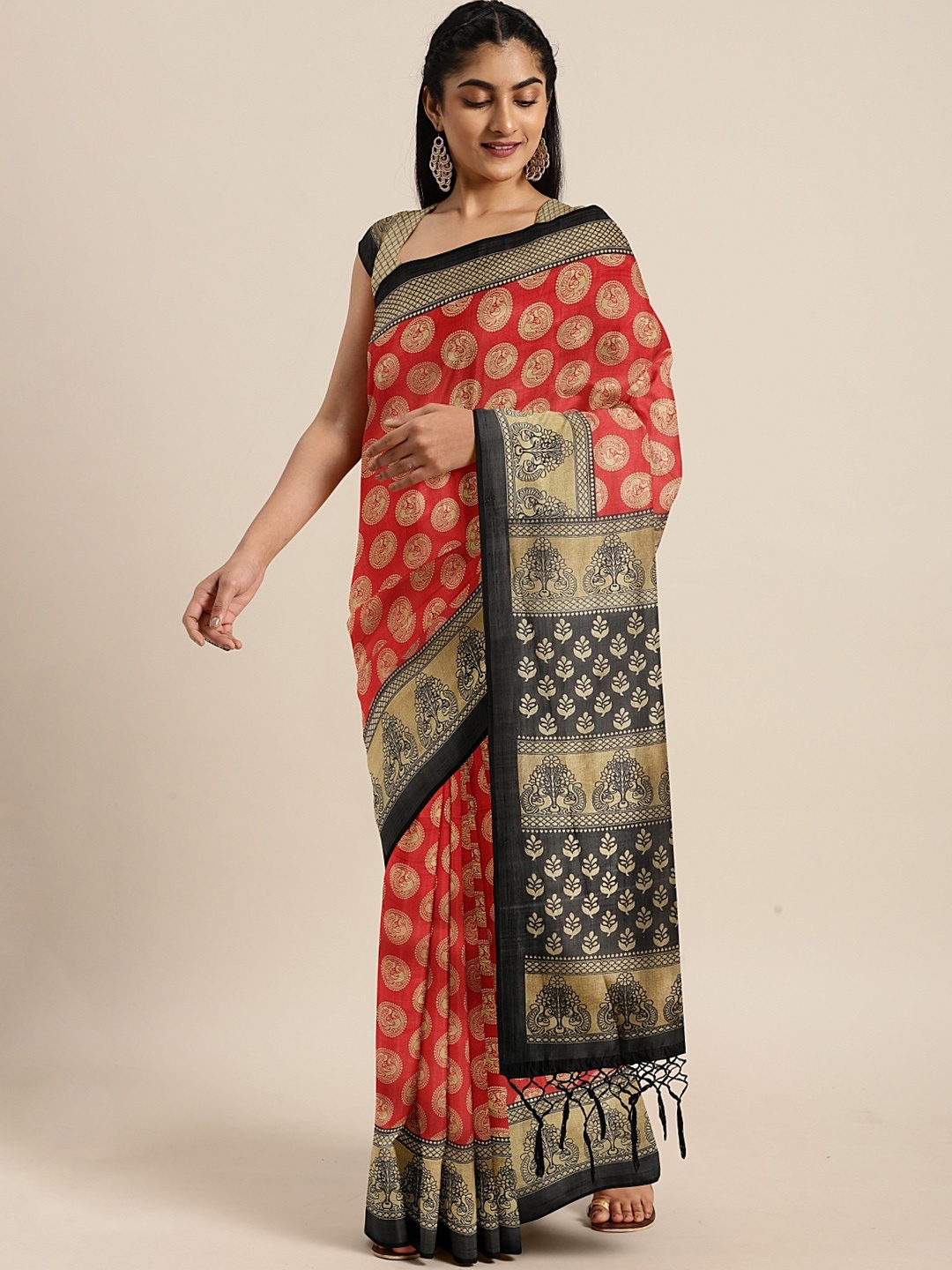 

KALINI Red & Golden Art Silk Printed Mysore Silk Saree