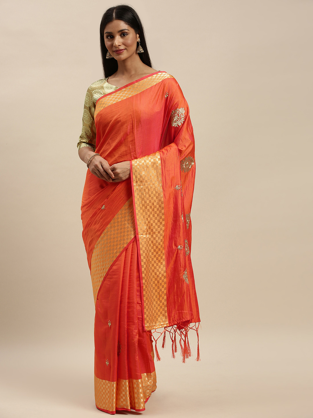 

Mitera Orange & Gold-Toned Silk Blend Woven Design Saree