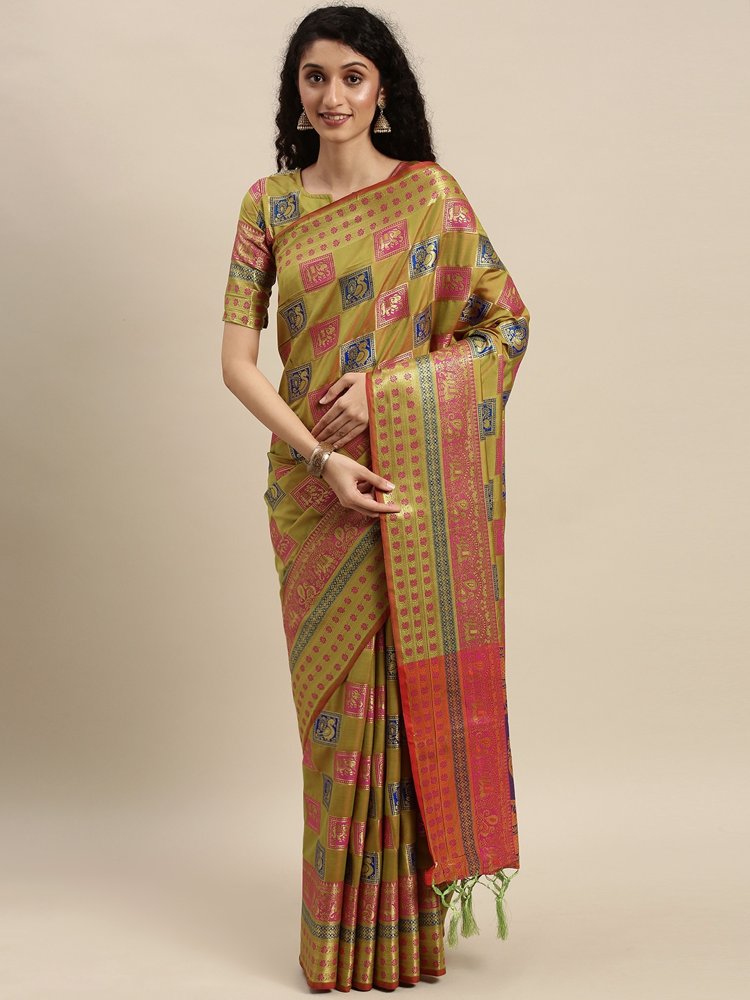 

Mitera Olive Green & Red Silk Blend Woven Design Banarasi Saree