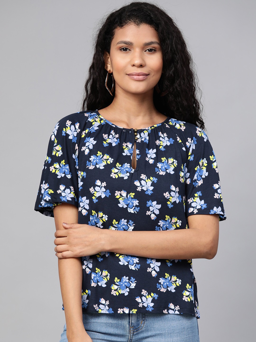 

Marks & Spencer Women Blue & Yellow Floral Print Top