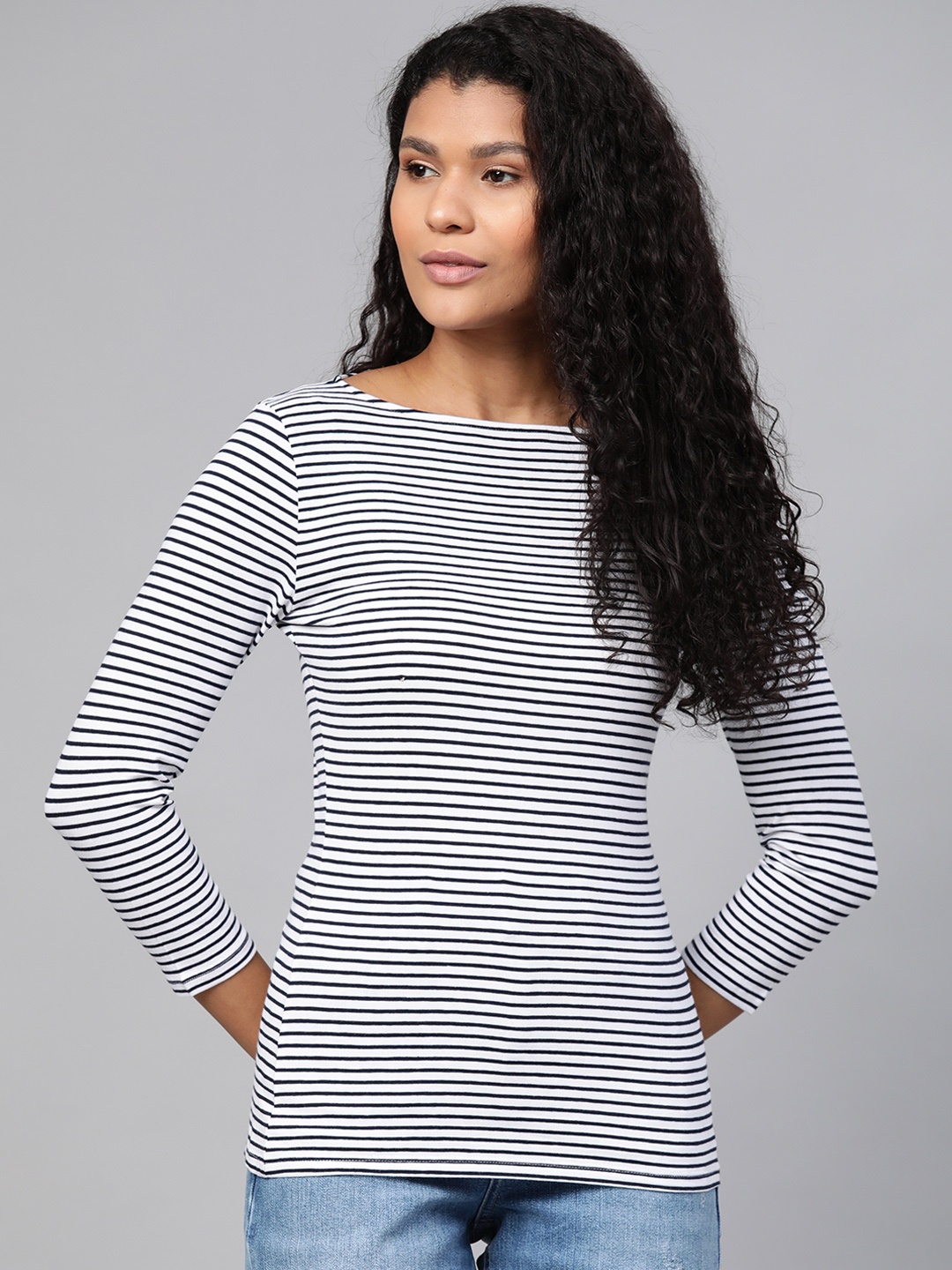 

Marks & Spencer Women White & Navy Blue Striped T-shirt