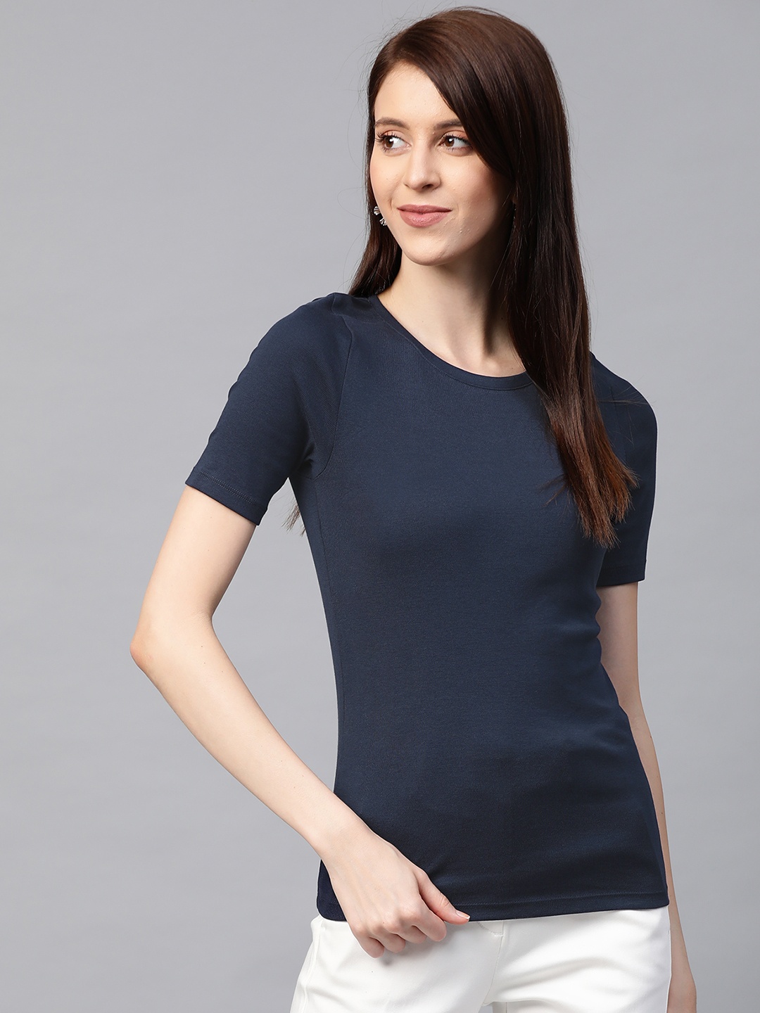 

Marks Spencer Women Navy Blue Solid Round Neck Pure Cotton T-shirt