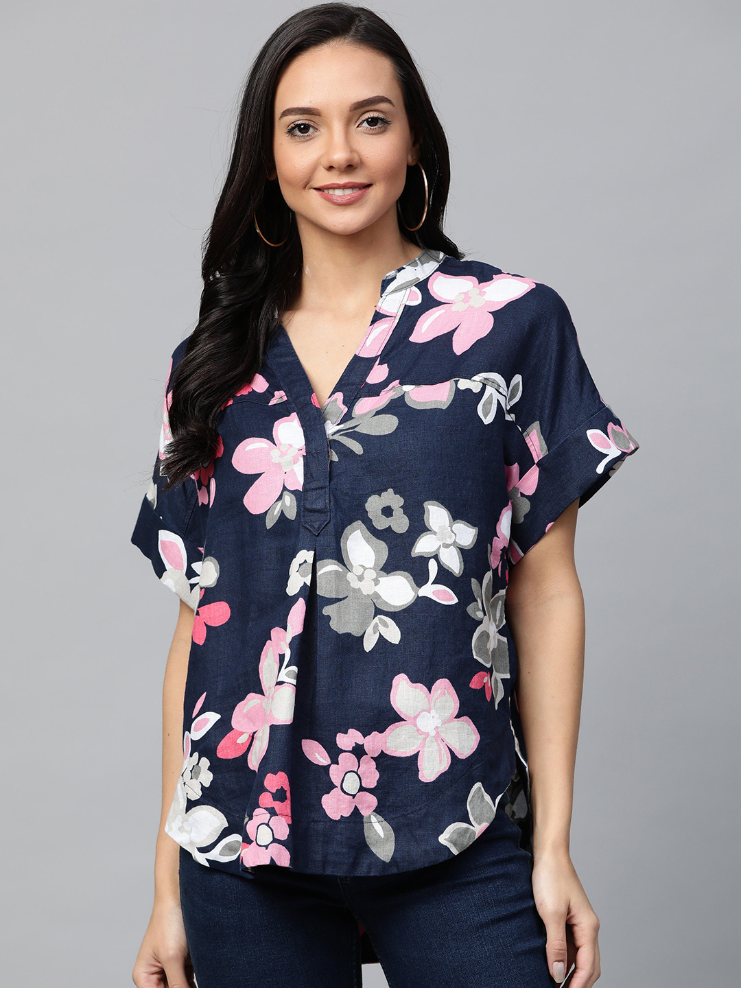 

Marks & Spencer Navy Blue & Pink Linen Floral Print Top