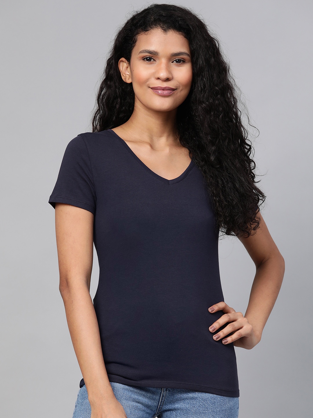 

Marks & Spencer Women Navy Blue Solid V-Neck T-shirt