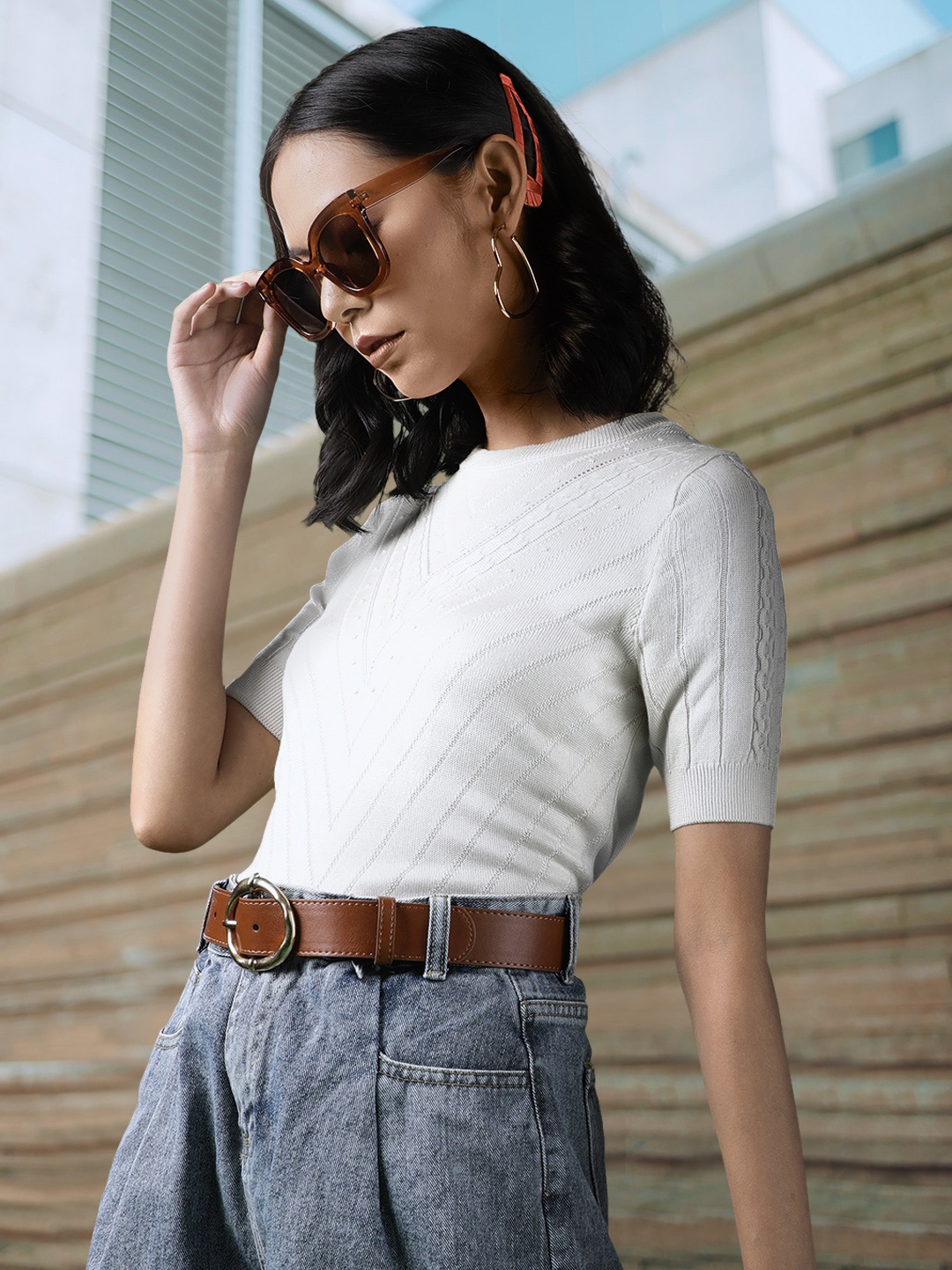 

Marks & Spencer Women Off-White Ribbed Winter Wrap Top