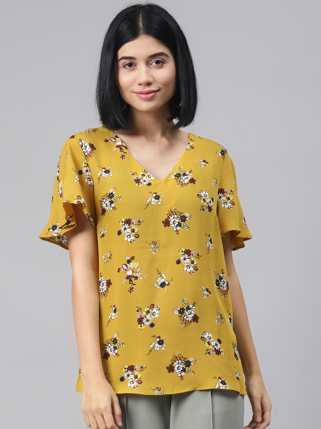 

Marks & Spencer Mustard Yellow & White Floral Printed Flared Sleeves Top