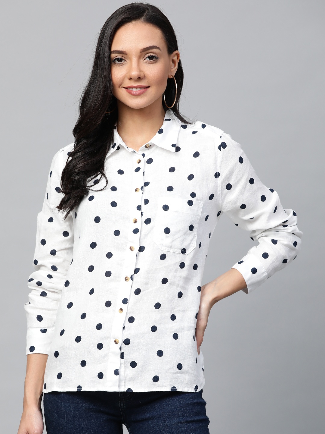 

Marks & Spencer Women White & Navy Blue Linen Regular Fit Polka Dot Print Casual Shirt