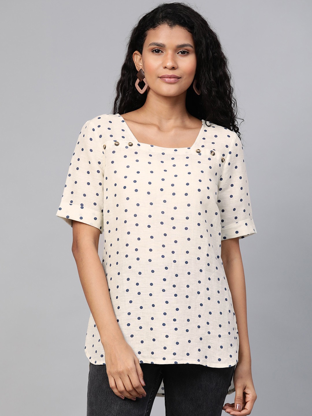 

Marks & Spencer Women Cream-Coloured & Navy Blue Polka Dot Printed Top