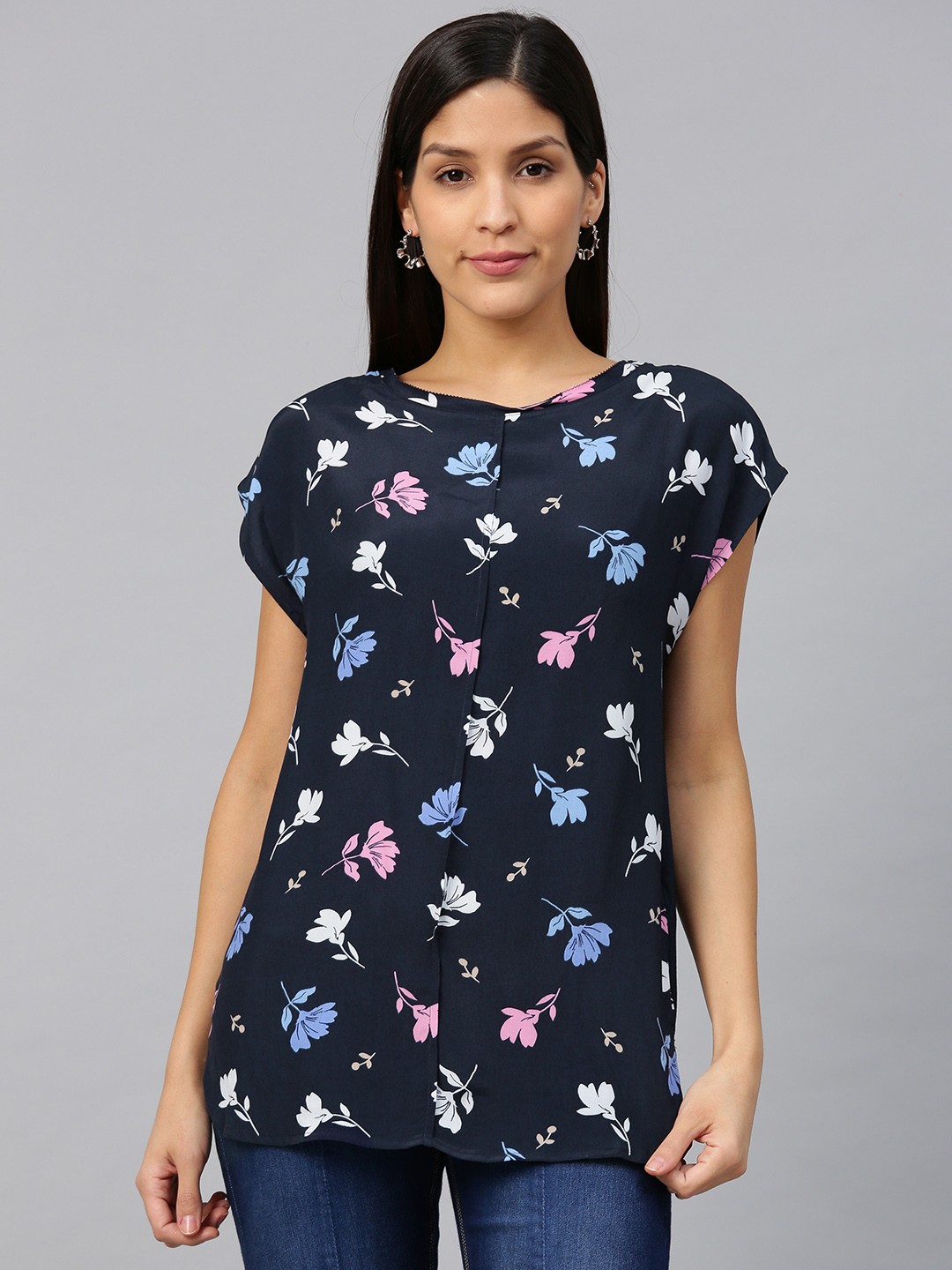 

Marks & Spencer Women Navy Blue & White Floral Print Top