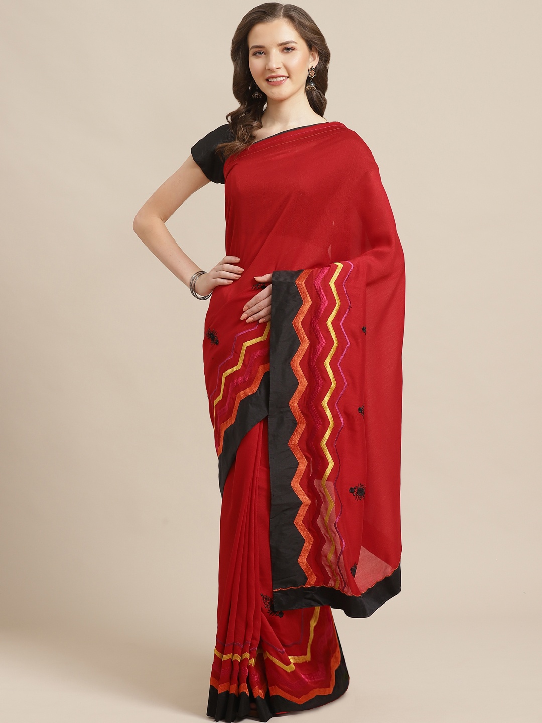 

Shaily Red & Black Solid Saree