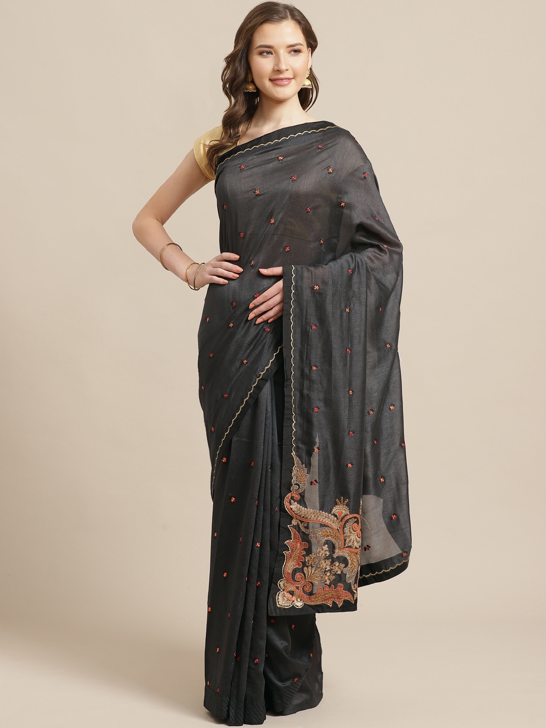 

Shaily Black & Orange Embroidered Saree
