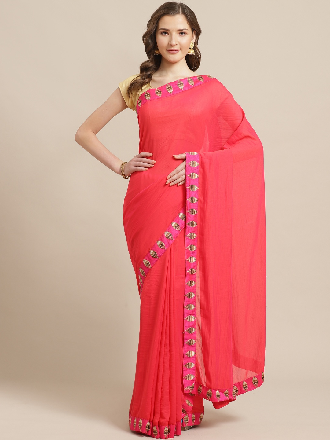 

Shaily Coral Pink Solid Saree