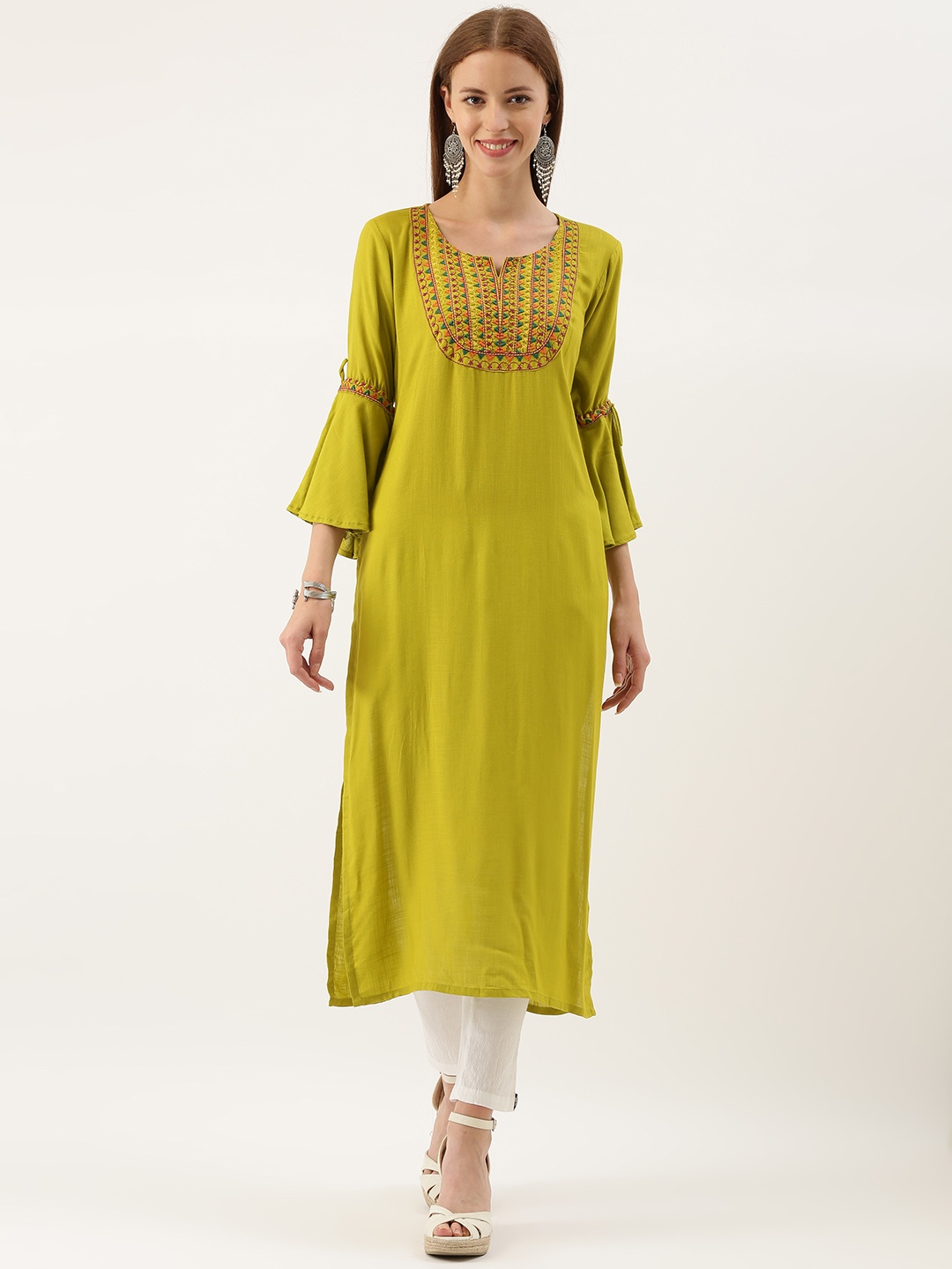 

Varanga Women Lime Green Embroidered Straight Kurta