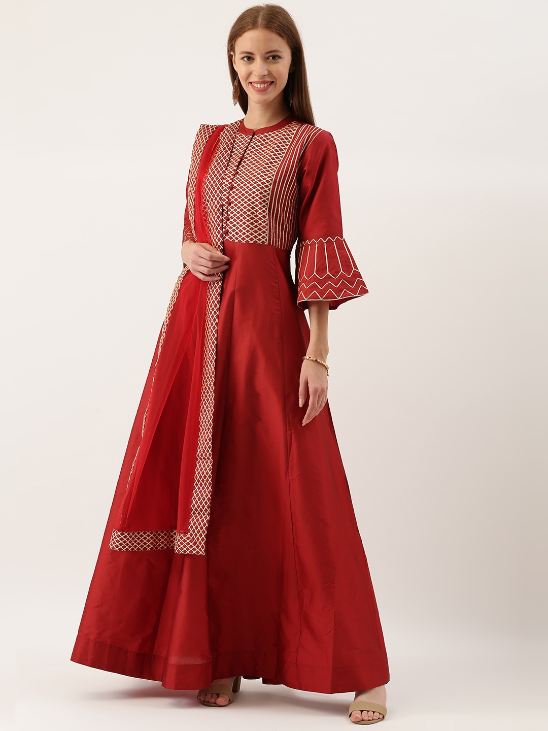 

Varanga Women Red Embroidered Dress With Gotta Patti Work