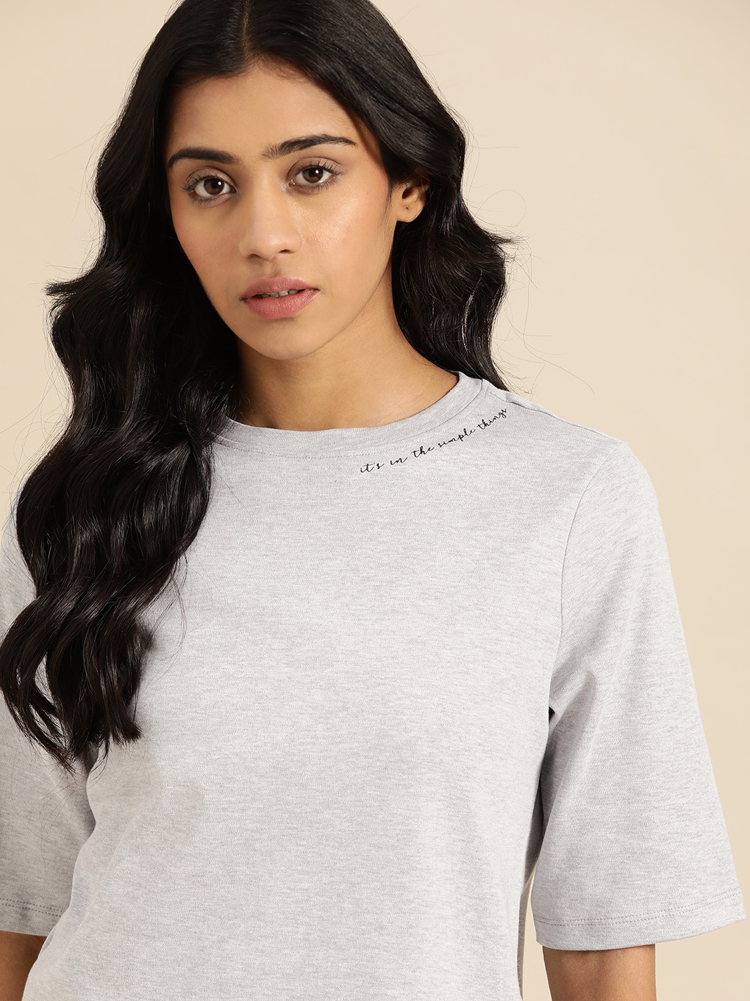 

ether Women Grey Melange Printed Detail Round Neck T-shirt