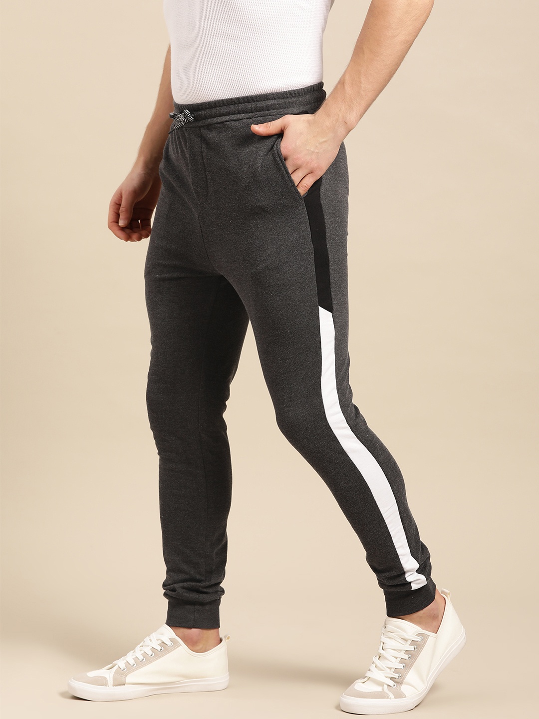 

ether Men Charcoal Grey Solid Joggers with Striped Details