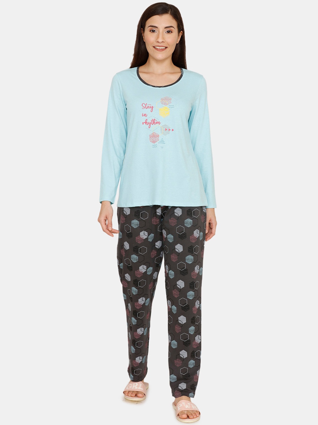 

Zivame Women Blue & Grey Printed Night suit