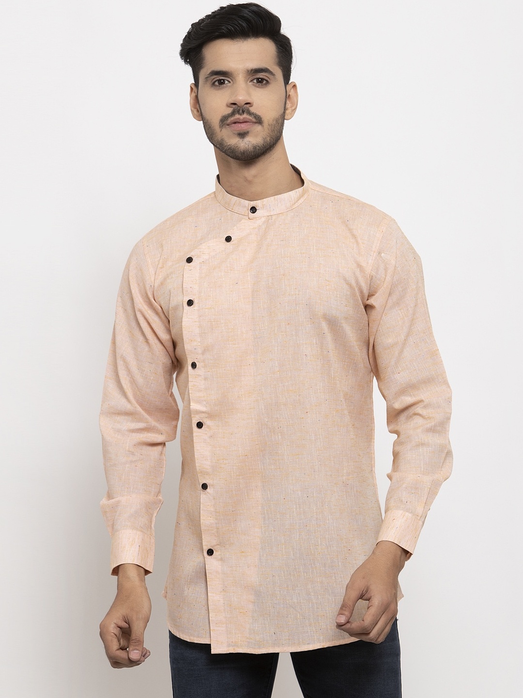 

KLOTTHE Men Peach-Coloured Solid Straight Khadi Woven Kurta