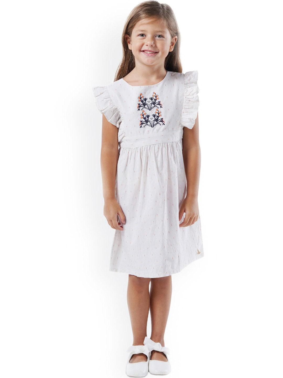 

Cherry Crumble Girls Off-White Self Design Fit and Flare Dress