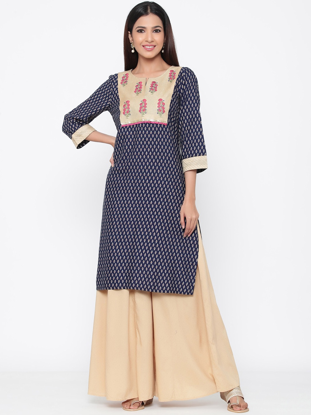 

Juniper Women Navy Blue & Beige Embroidered Straight Kurta