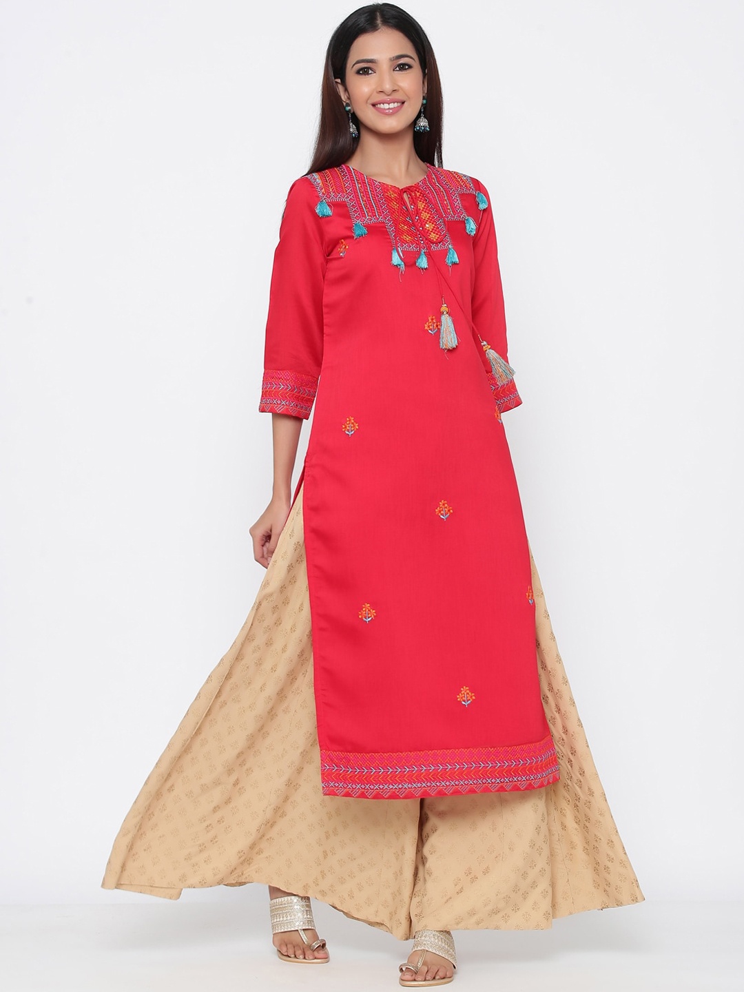 

Juniper Women Red & Turquoise Blue Embroidered Chanderi Silk Straight Kurta