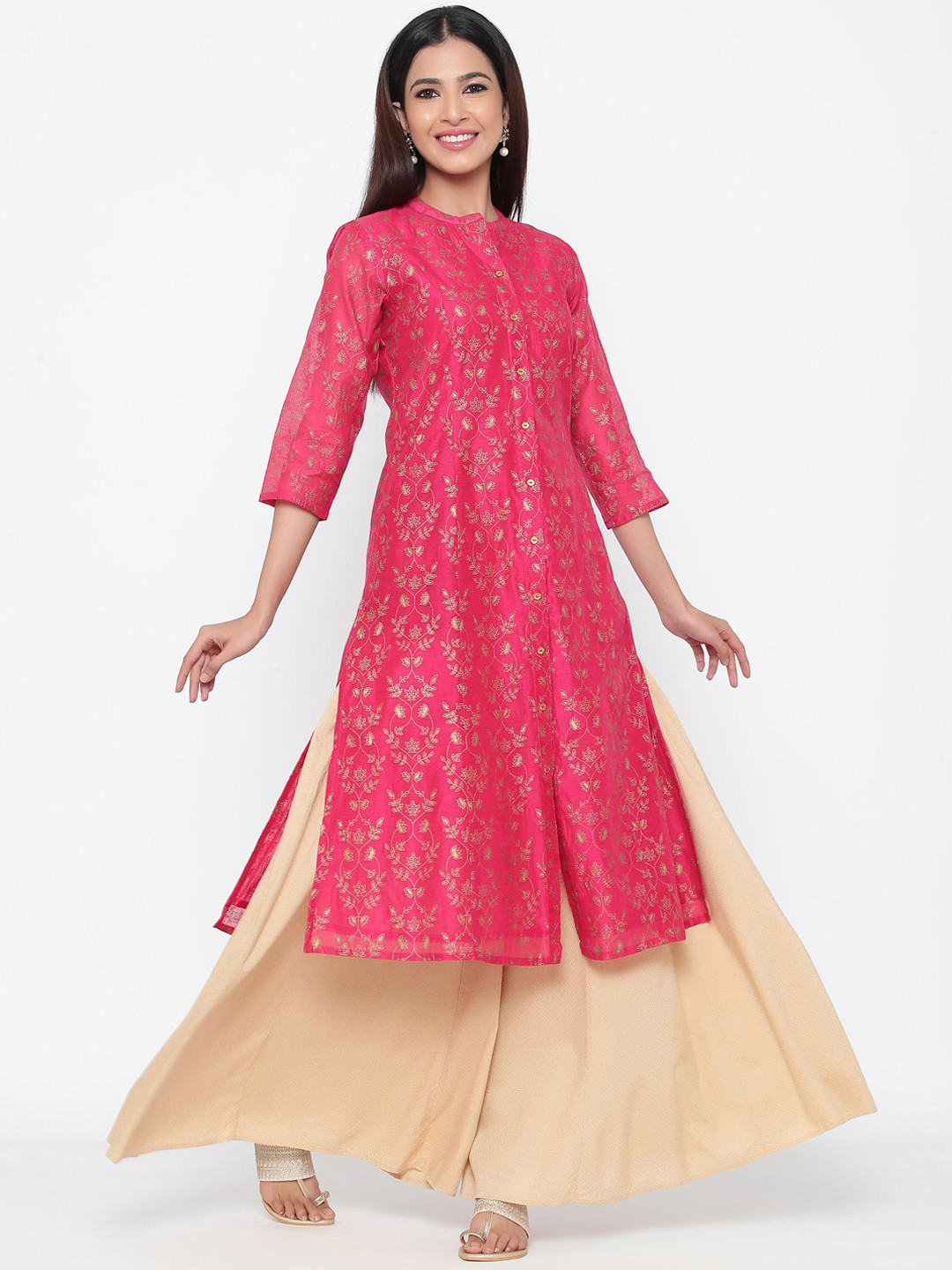 

Juniper Women Fuchsia & Gold-Coloured Printed A-Line Kurta