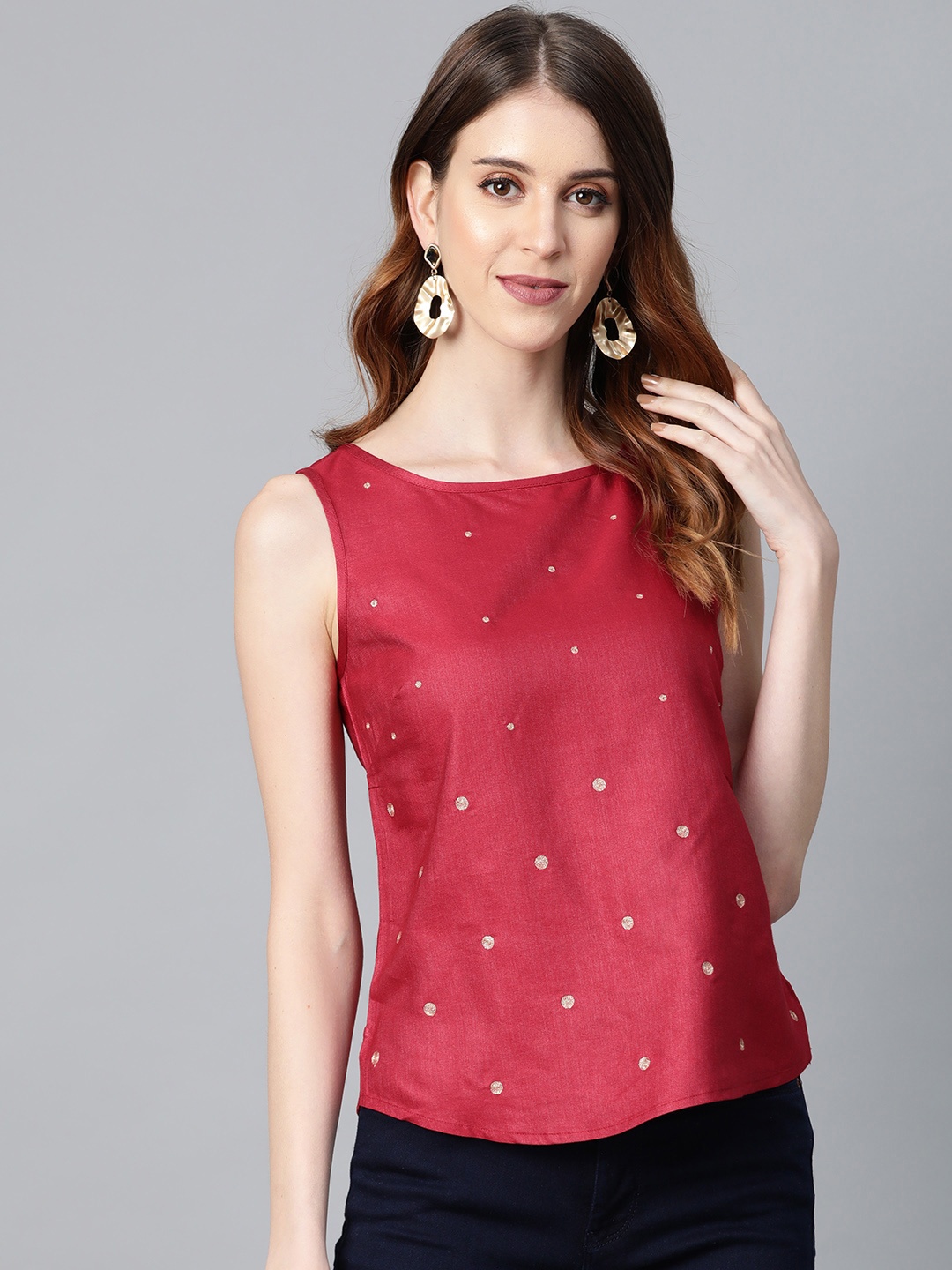 

Fabindia Women Magenta & Golden Self Design Top