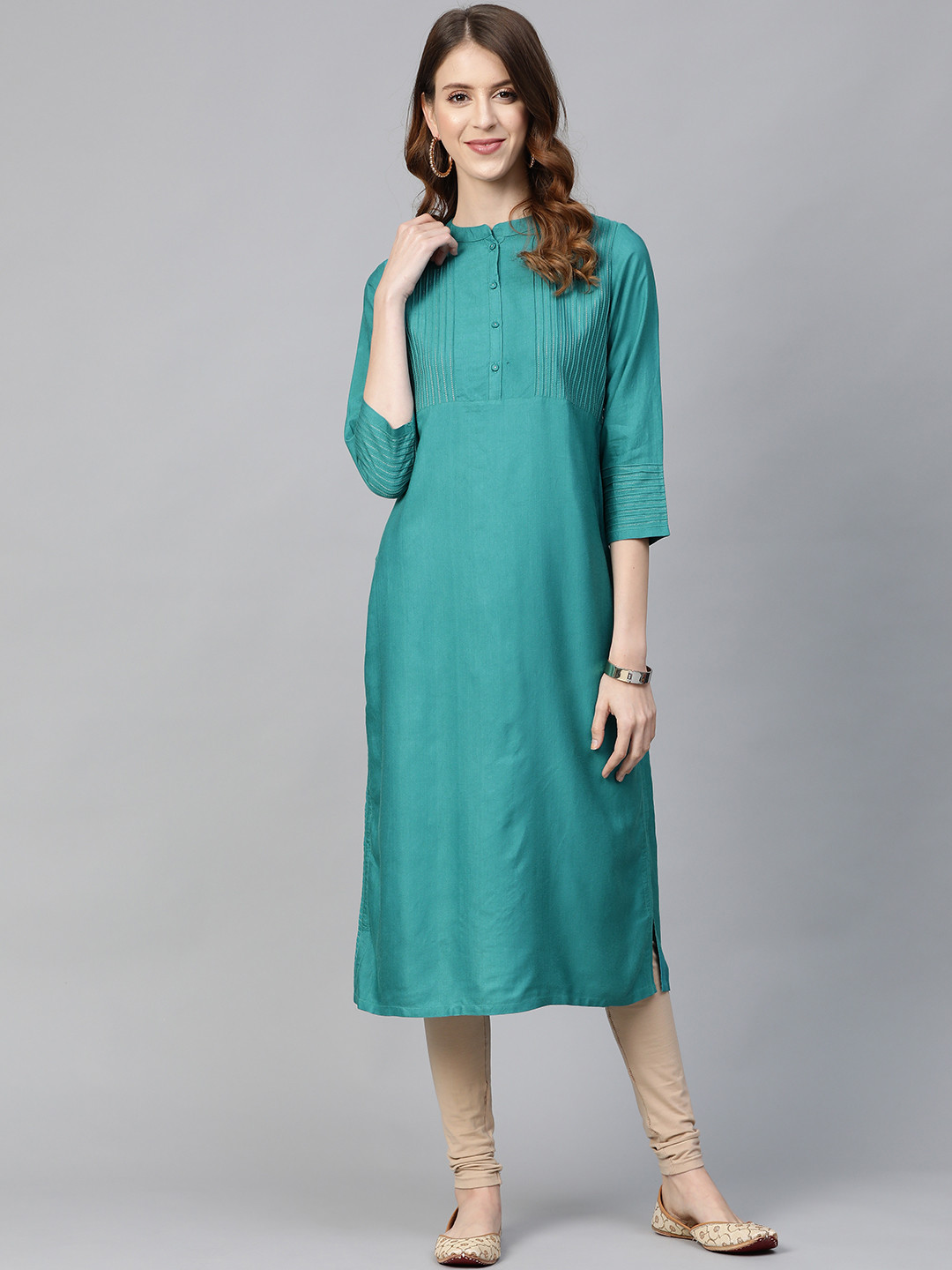 

Fabindia Women Teal Blue Solid Pintuck Detail Straight Kurta